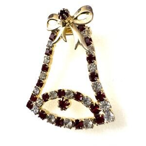 Christmas Holiday Bell Gold Bow Red and Crystal Rhinestones